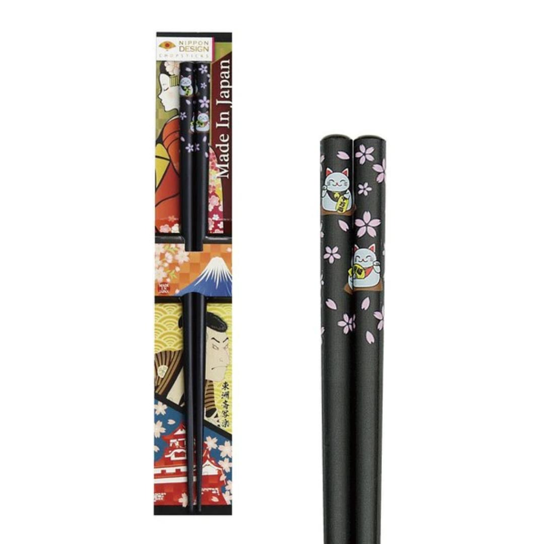 Nippon Design Chopsticks (Japanese Lucky Cat & Sakura Design) 日本デザイン箸 先角招き猫 黒