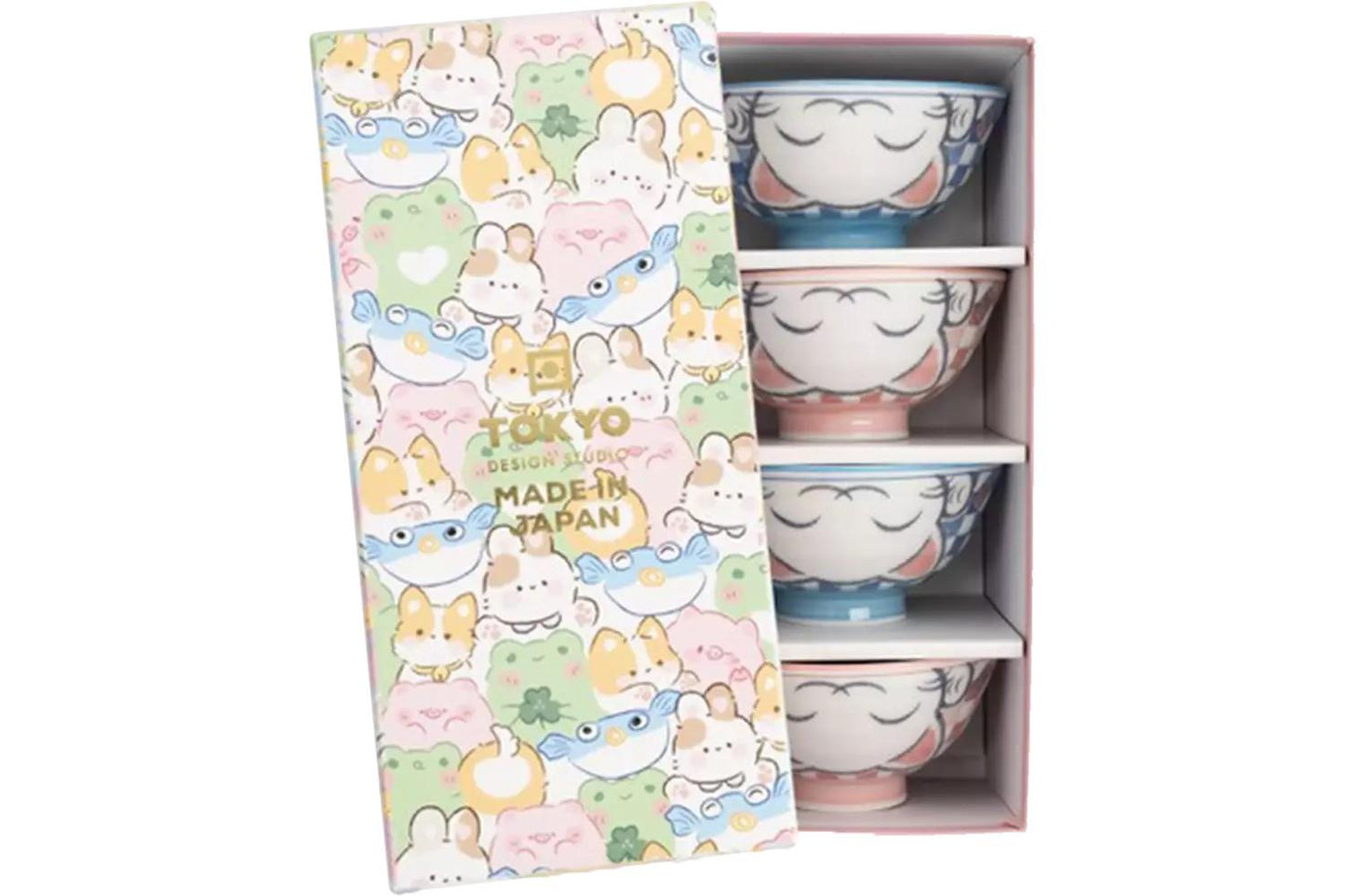 Tokyo Design Studio Ceramic Lucky Cat Rice Bowl Set (Blue/ Pink) 4pcs 300ml