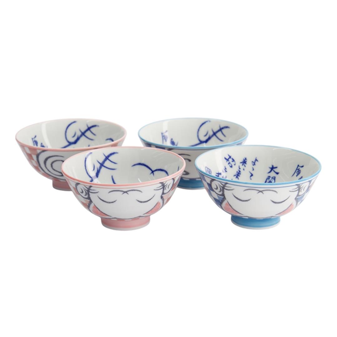 Tokyo Design Studio Ceramic Lucky Cat Rice Bowl Gift Set (Blue/ Pink)