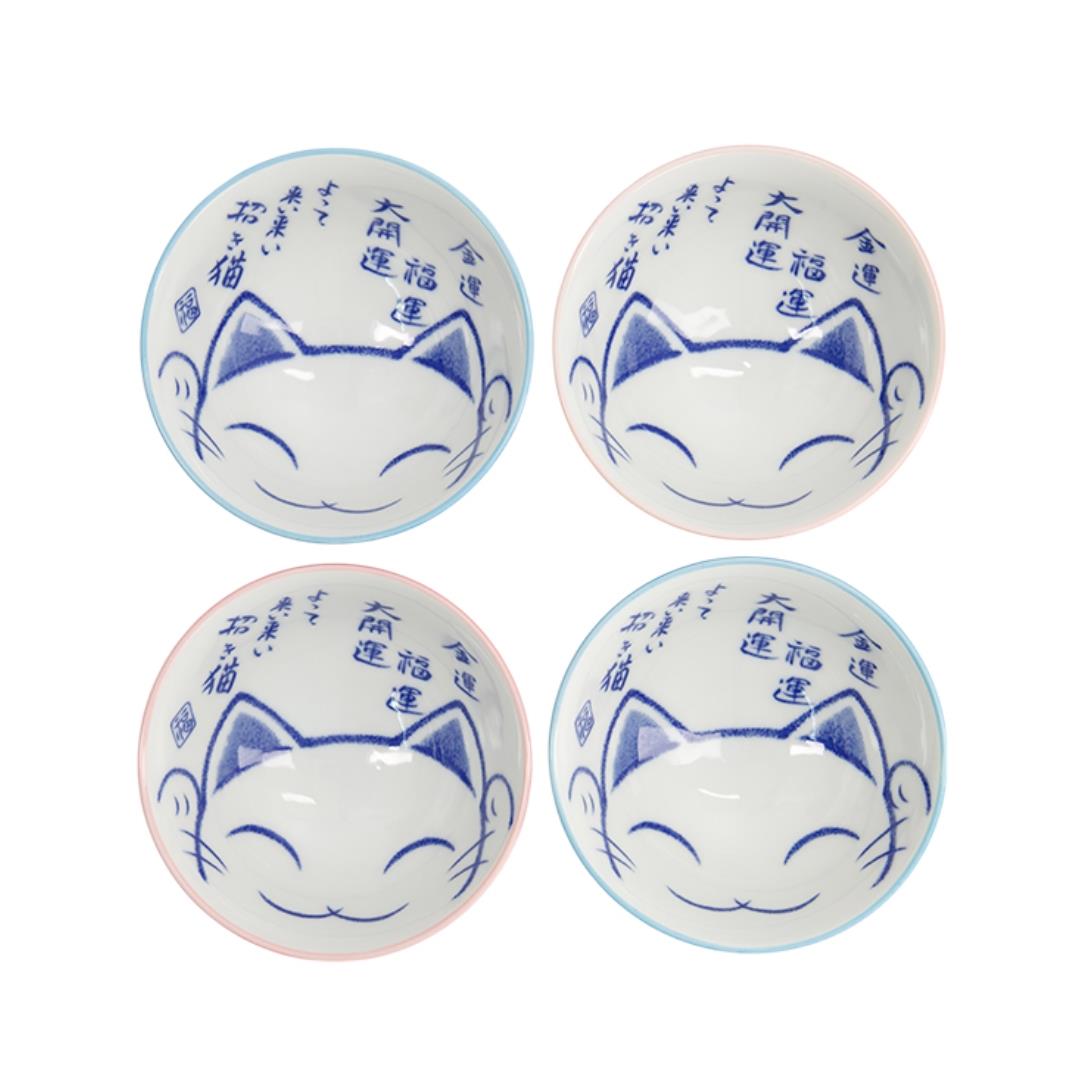 Tokyo Design Studio Ceramic Lucky Cat Rice Bowl Gift Set (Blue/ Pink)