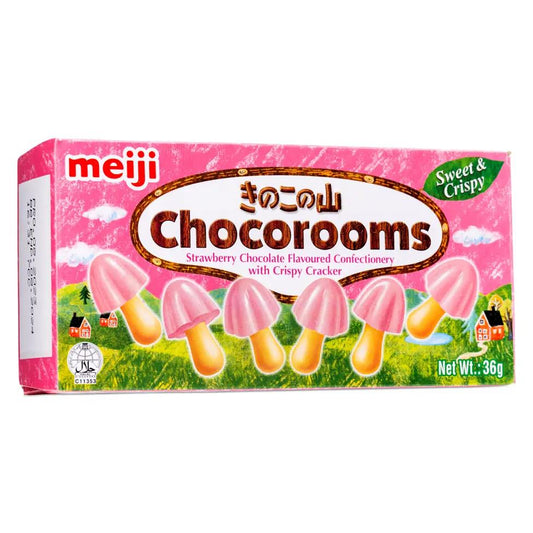 Meiji Chocorooms Strawberry Chocolate Flavour Confectionery with Crisp Cracker