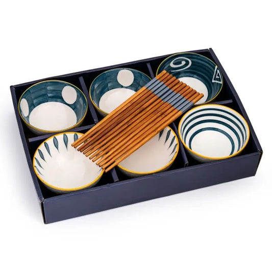 Rice Bowl & Chopstick Blue Gift Set (6 Sets) 手繪之餐具 精品陶瓷飯碗及筷子套裝 (6套)