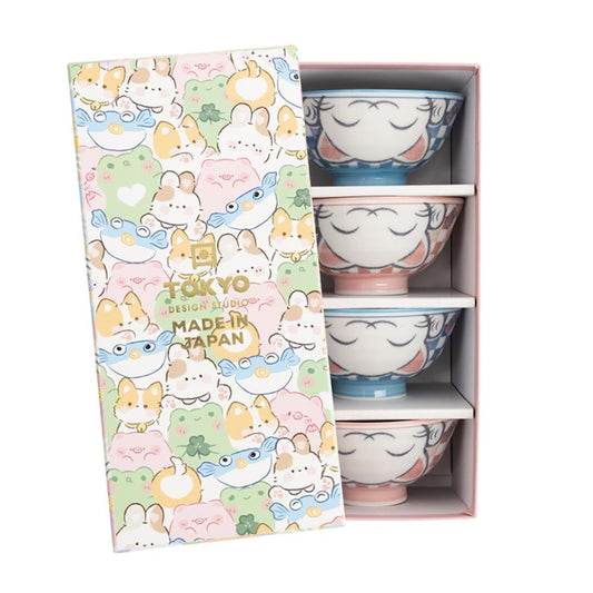 Tokyo Design Studio Ceramic Lucky Cat Rice Bowl Gift Set (Blue/ Pink)