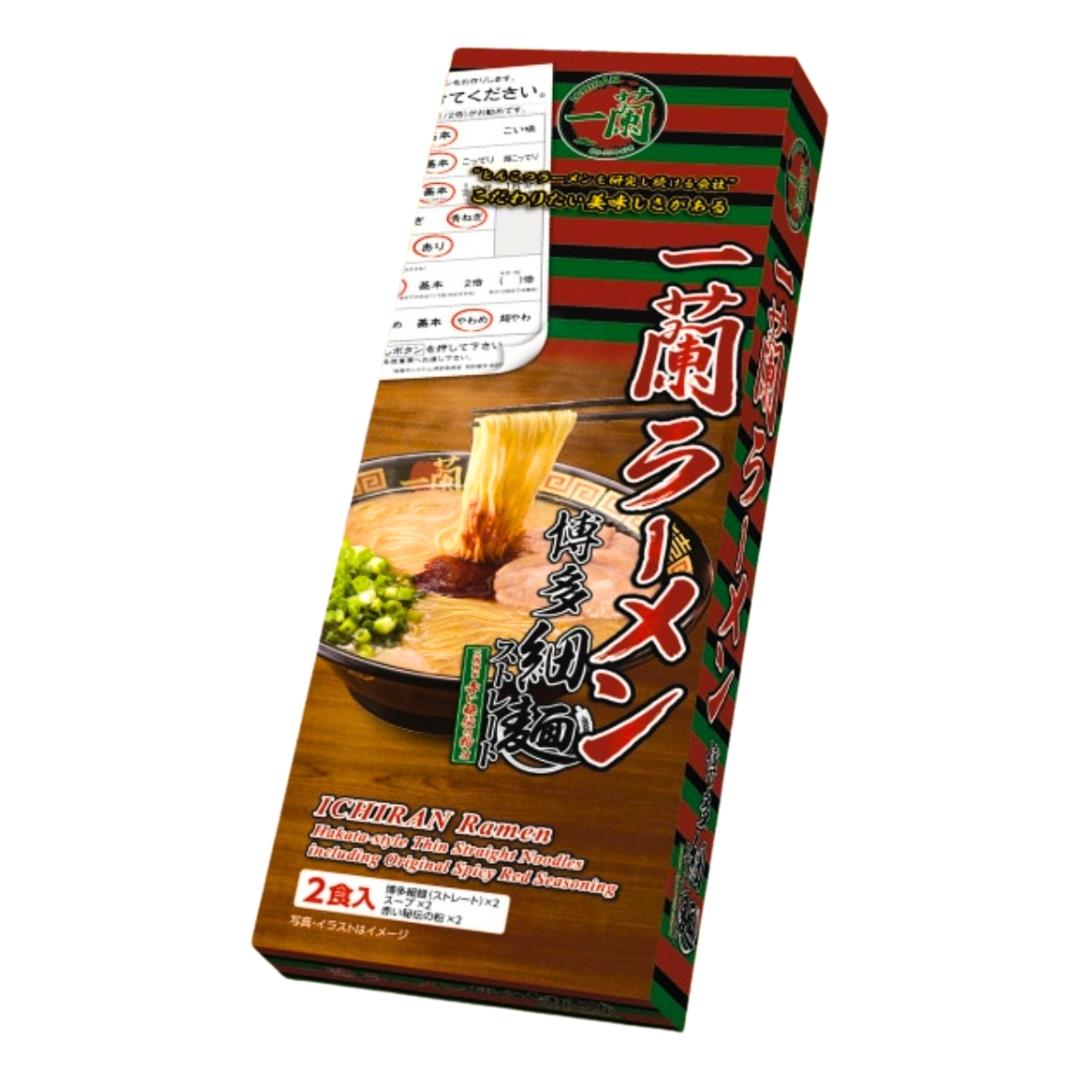 Packaging of Ichiran Ramen Hakata-style Thin Straight Noodles with a picture of the prepared ramen and ingredients like nori and green onions.