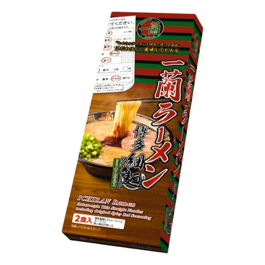 Packaging of Ichiran Ramen Hakata-style Thin Straight Noodles with a picture of the prepared ramen and ingredients like nori and green onions.
