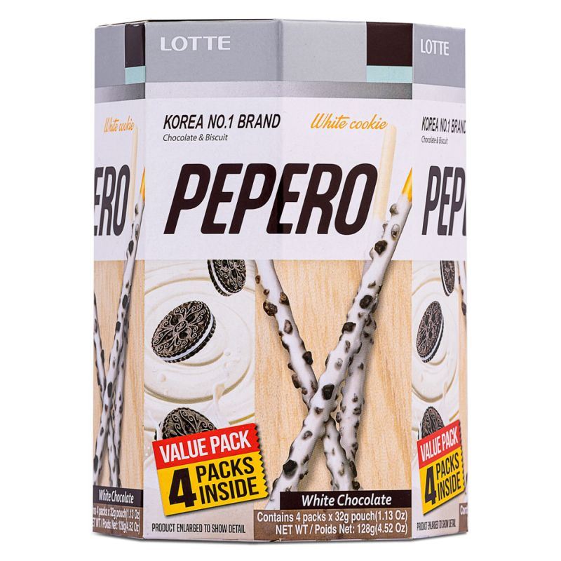 Lotte Pepero Biscuits Sticks Coated with White Chocolate Flavour Cream & Crushed Cookies (White Cookie) Multipack (Pack of 4)