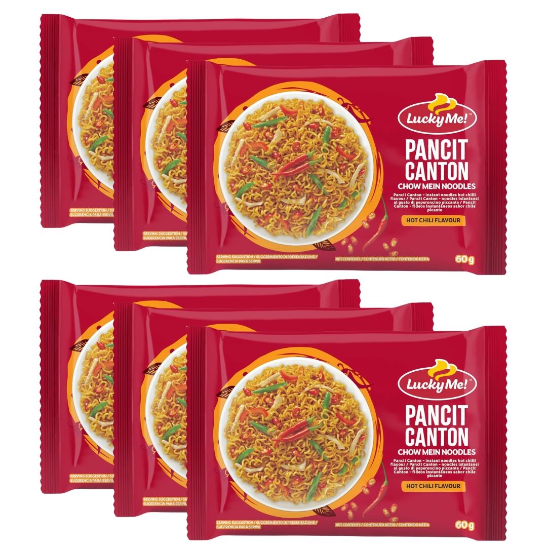 Lucky Me Instant Pancit Canton Chow Mein Noodles (Hot Chili Flavour) (Pack of 6)