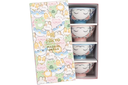 Tokyo Design Studio Ceramic Lucky Cat Rice Bowl Set (Blue/ Pink) 4pcs 300ml