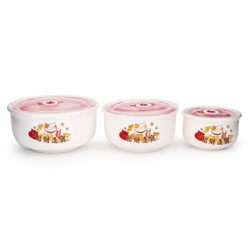 3 Pieces Lucky Cat Microwavable Ceramic Bowl with Lid 招財貓 精品陶瓷3件套裝