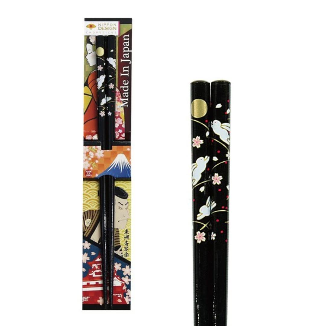 Nippon Design Chopsticks (Japanese Moon & Rabbit Sakura Design - Black) 日本デザイン箸 月うさぎ 黒