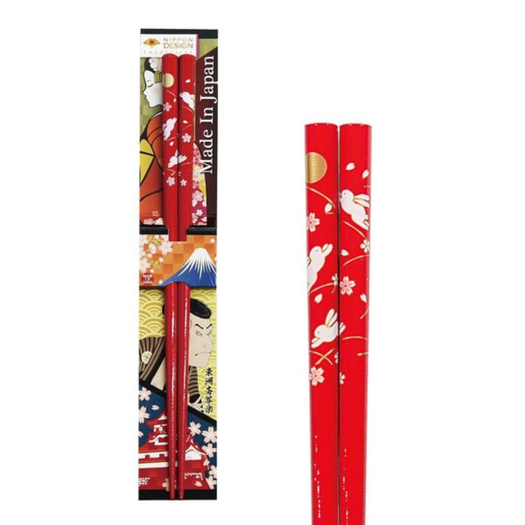 Nippon Design Chopsticks (Japanese Moon & Rabbit Sakura Design - Red) 日本デザイン箸 月うさぎ 朱