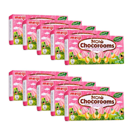 Meiji Chocorooms Strawberry Chocolate Flavour Confectionery with Crisp Cracker (Pack of 10)